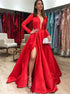 A Line Deep V Neck Long Sleeves Red Prom Dresses With Split LBQ1931